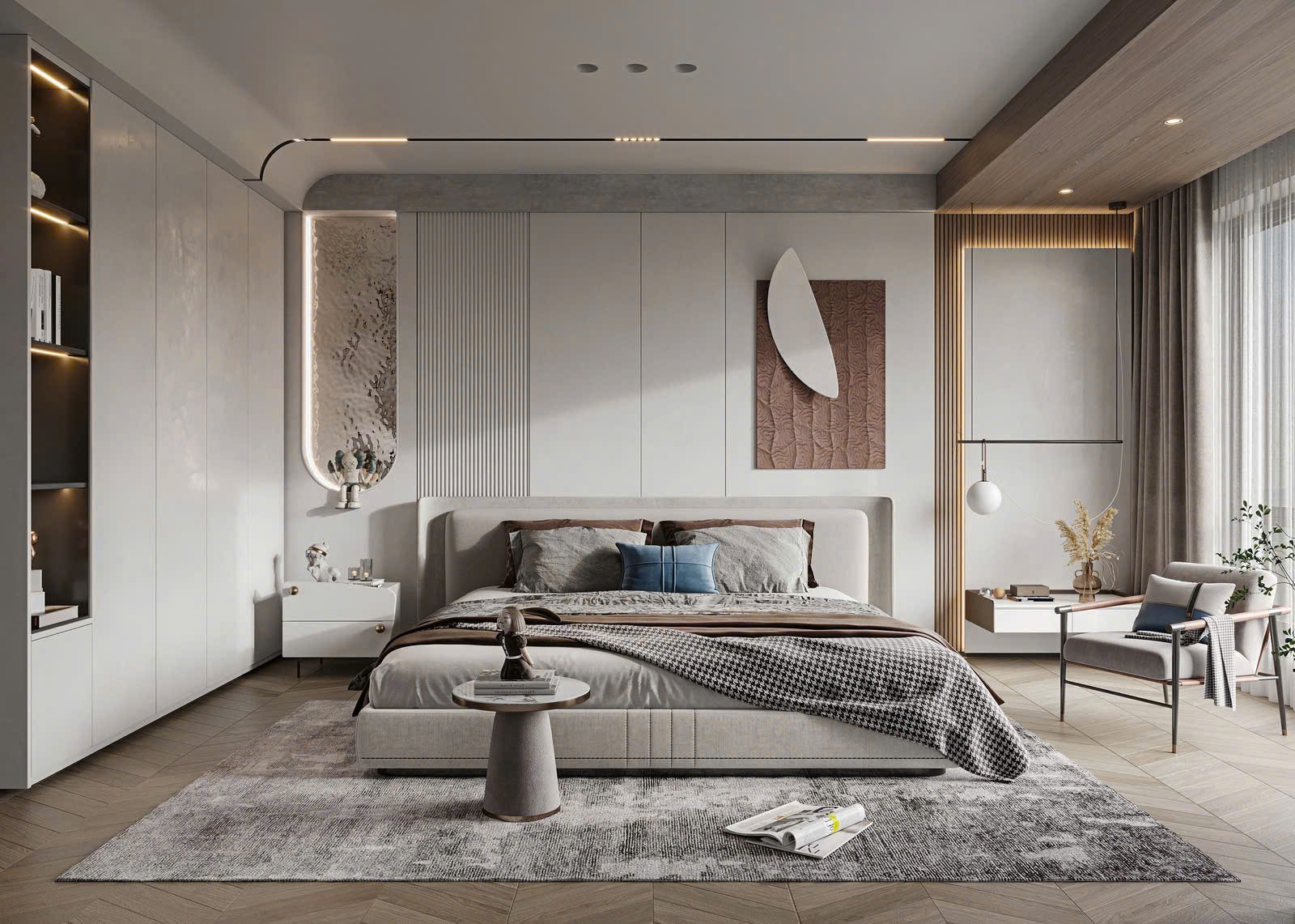 Phòng ngủ nội thất xám đà gỗ